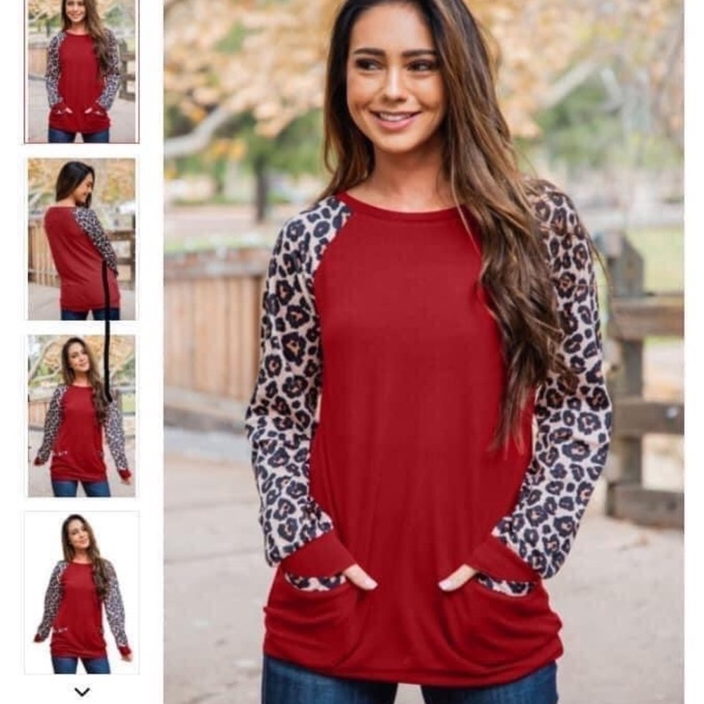 Red top with leopard print sleeve